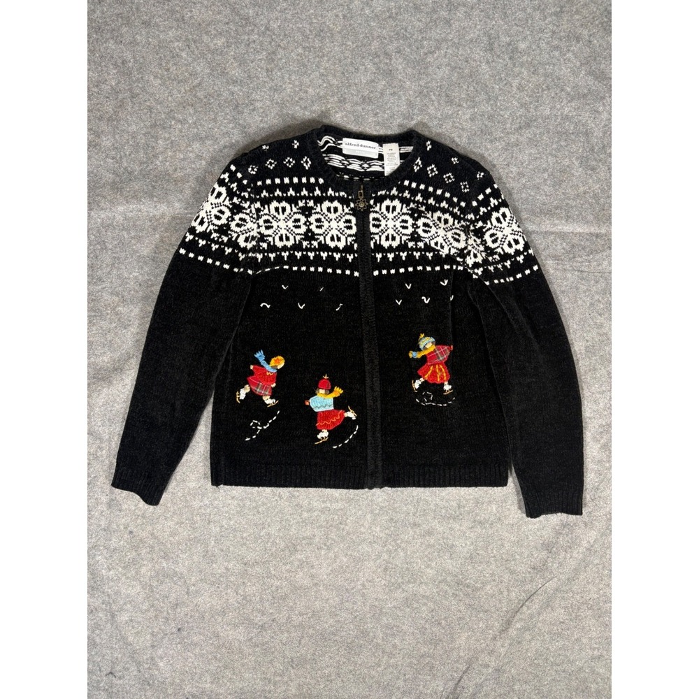 Alfred Dunner Women's Petite Black Zip Up Cardigan Sweater Ice Skaters Snowflake